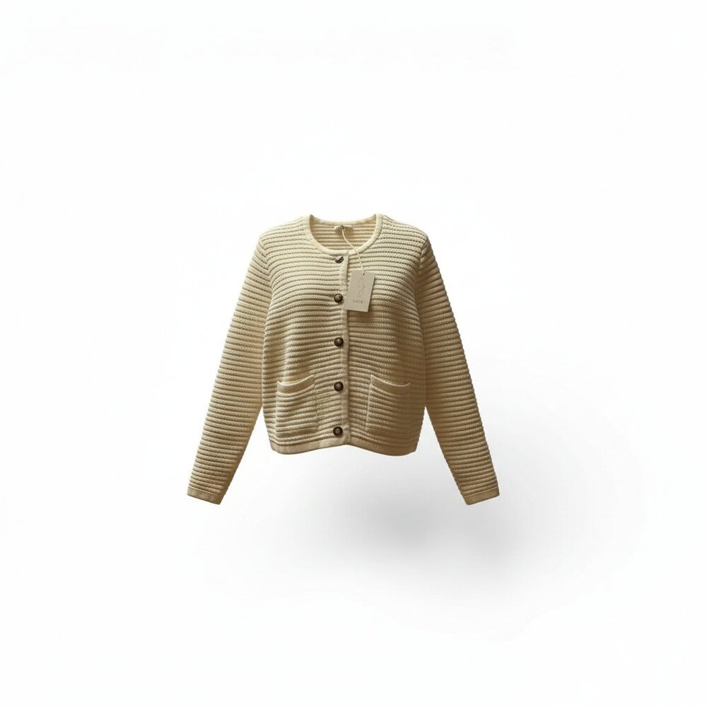 Josie Ribbed Button Up Cardigan Sweater Neutral Beige Ivory Off White Large NWT